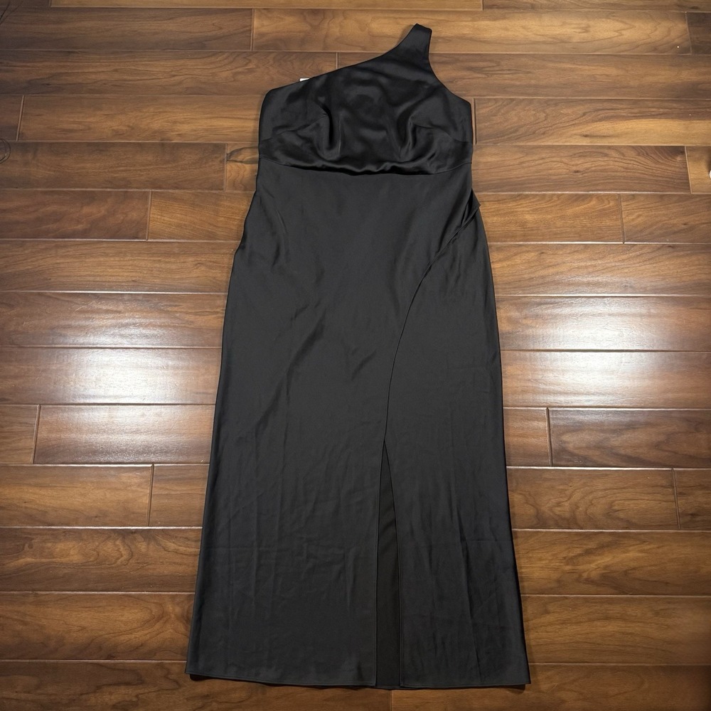 NEW BHLDN Women's Size 18 W Black Satin Dylan One Shoulder Side Slit Gown Dress